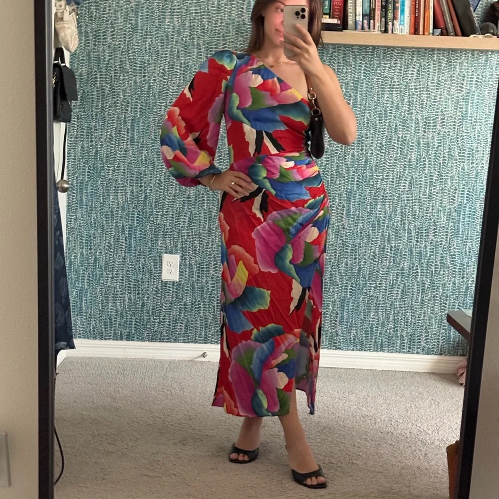 Farm Rio One-Shoulder Slim Floral Red Midi Dress - Picture 3 of 5